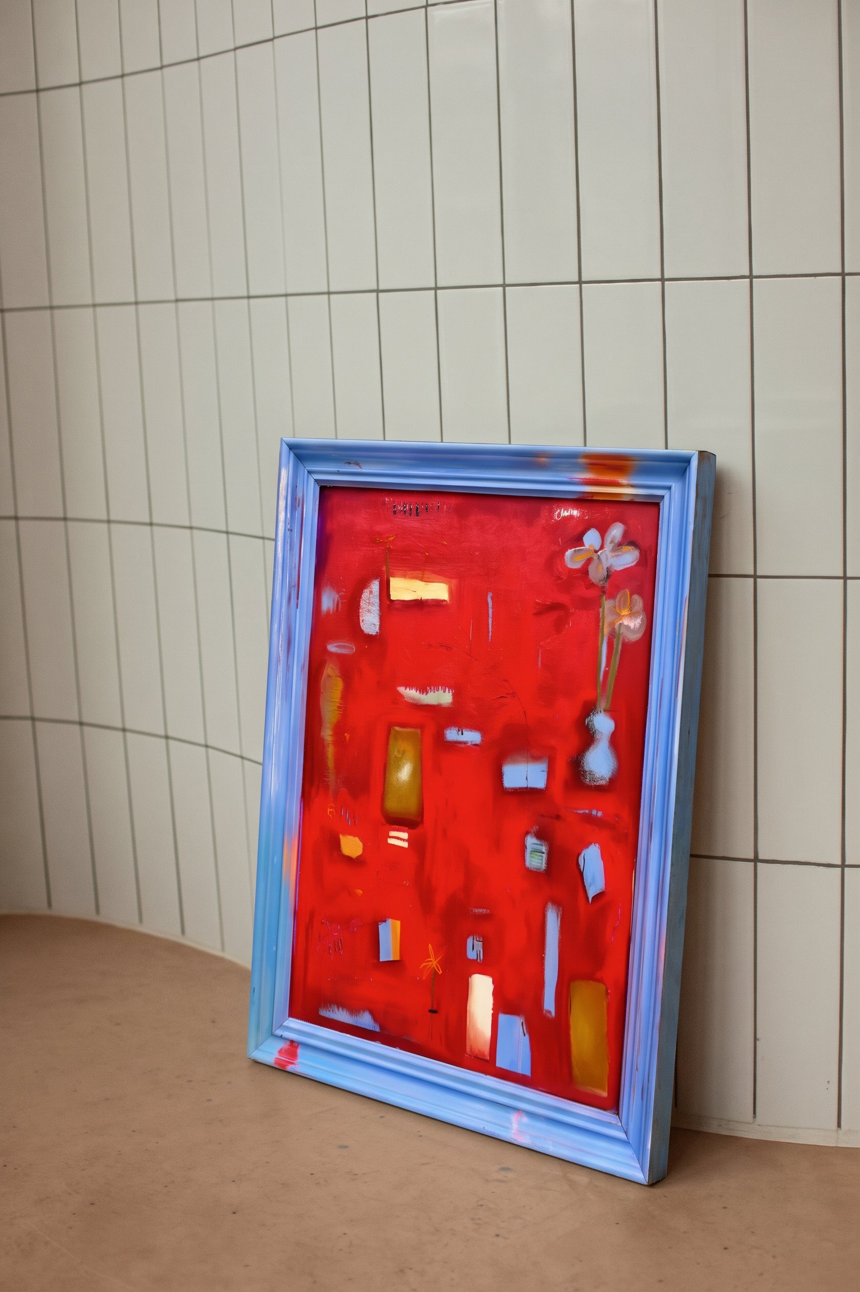 A colorful painting in a blue frame leaning against a tiled wall with white tiles and gray grout in a room. The painting features abstract shapes and flowers with a red background.