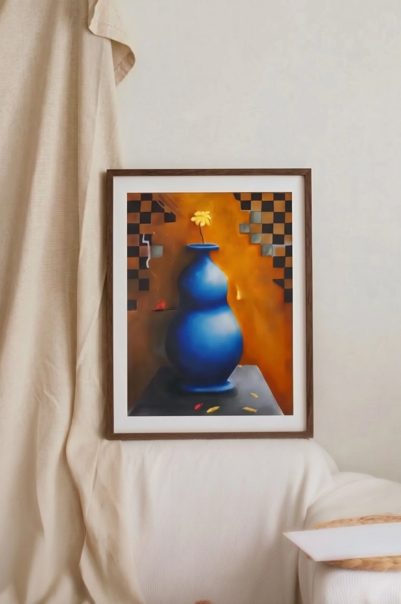 A painting of a blue vase with a yellow flower on an orange and brown background, surrounded by a checkerboard pattern.