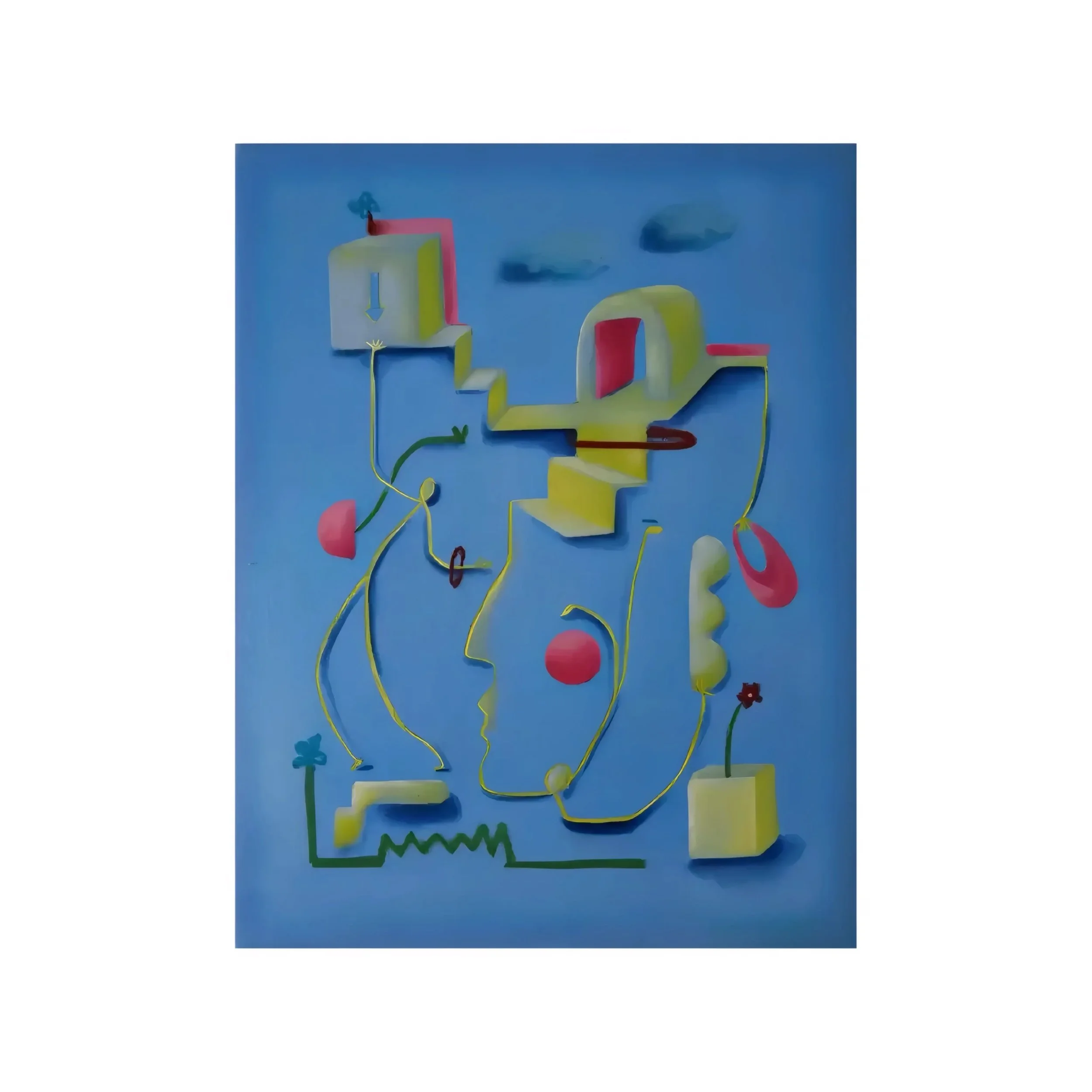 Colorful abstract artwork with various geometric shapes, lines, and patterns on a blue background.