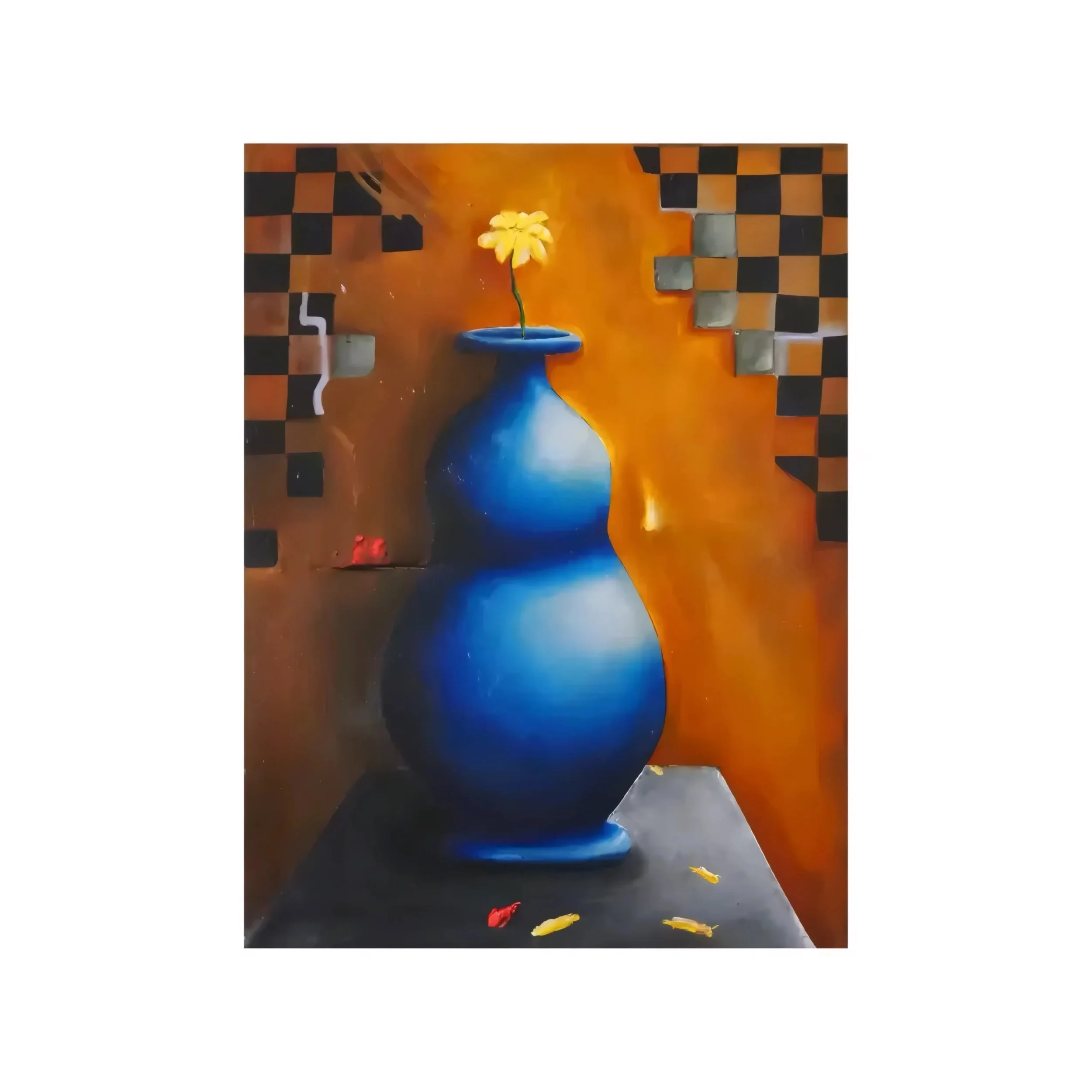 A blue vase with a yellow flower on a table with a checkered border background.