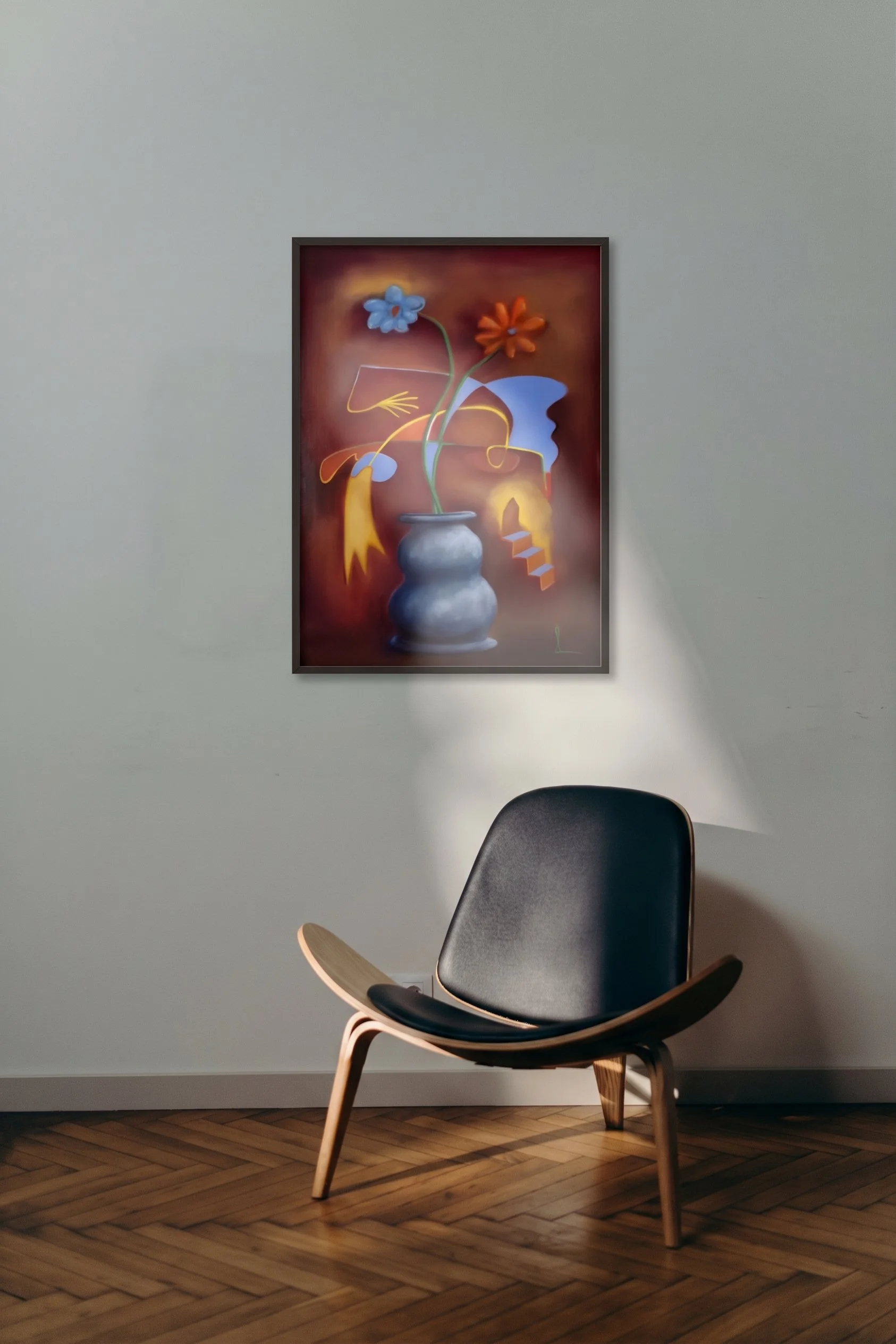 Modern art painting of abstract flowers in a gray vase, hung on a light gray wall in a room with wooden parquet flooring, next to a black chair with light wood armrests.