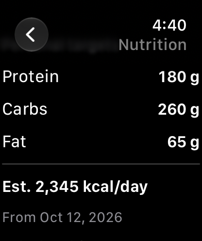 Lift Log on Apple Watch showing personal protein, carb, and fat targets, estimated calories, and the effective date.