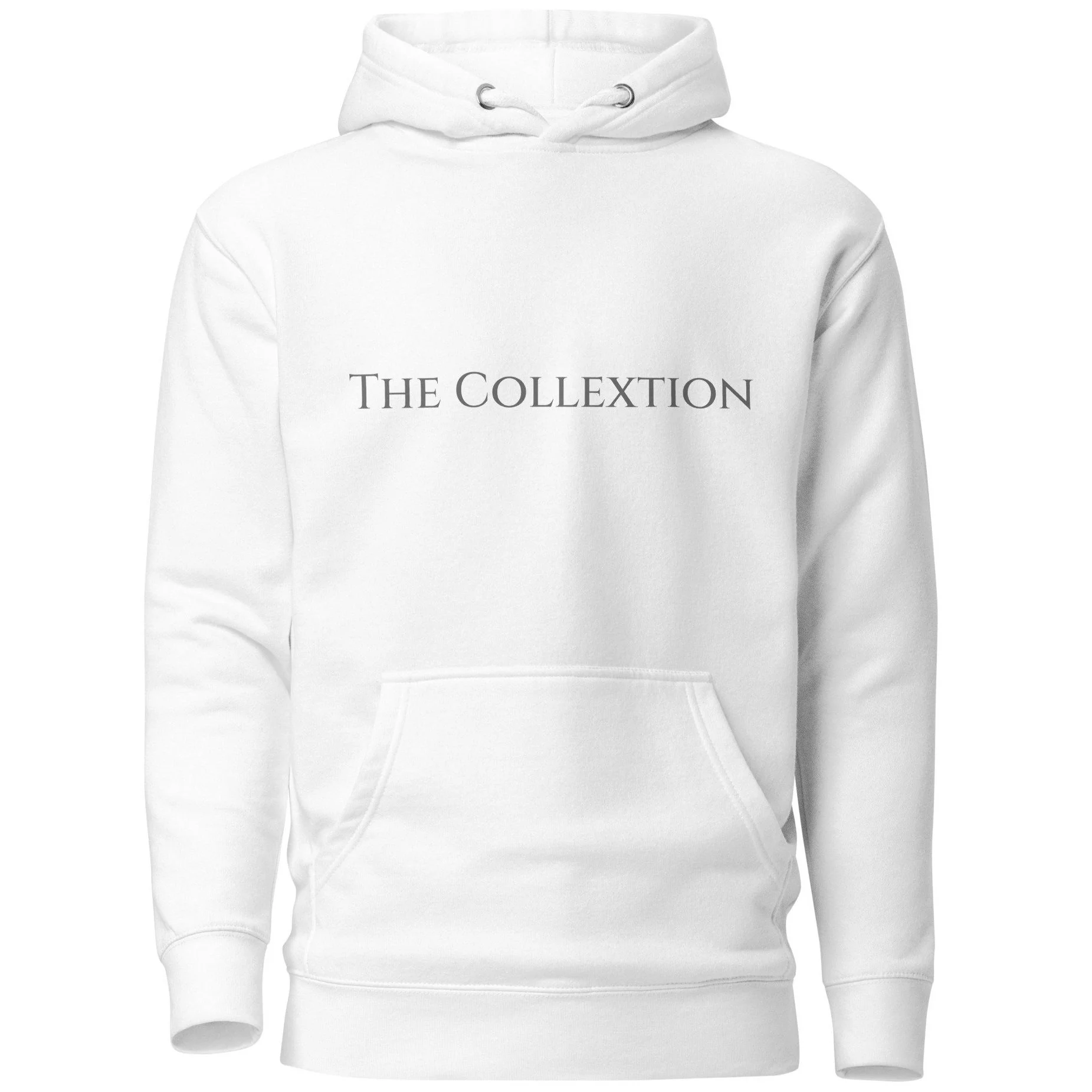 White pullover hoodie with The Collextion wordmark across the chest.
