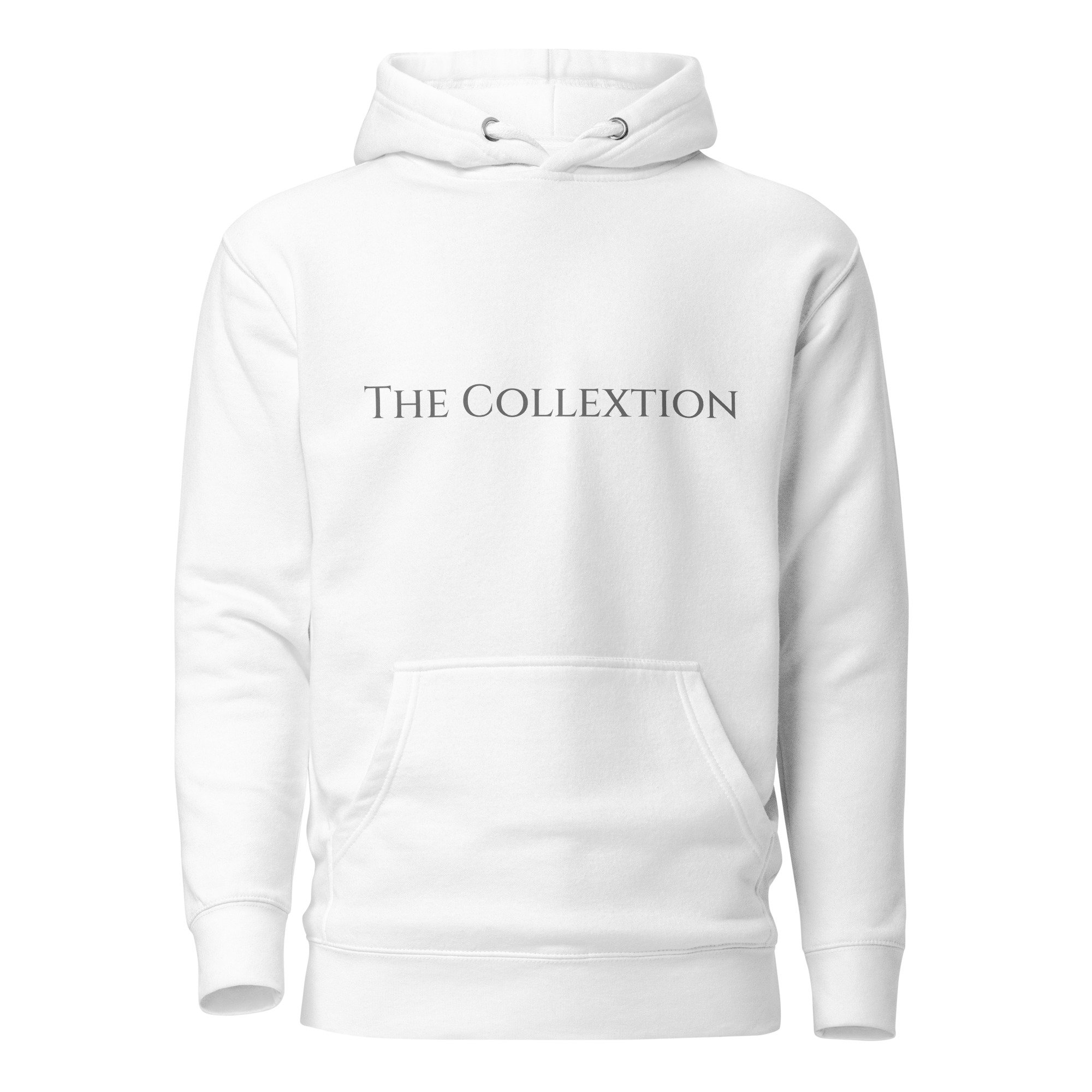 White pullover hoodie with The Collextion wordmark.