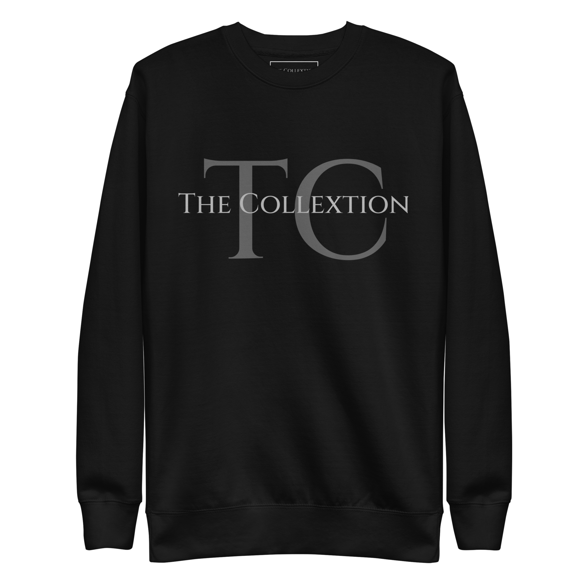 Black crewneck sweatshirt with The Collextion monogram.