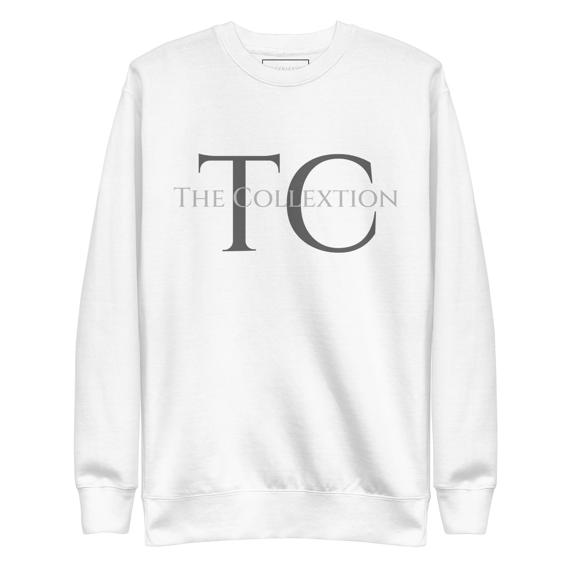 White crewneck sweatshirt with The Collextion monogram.