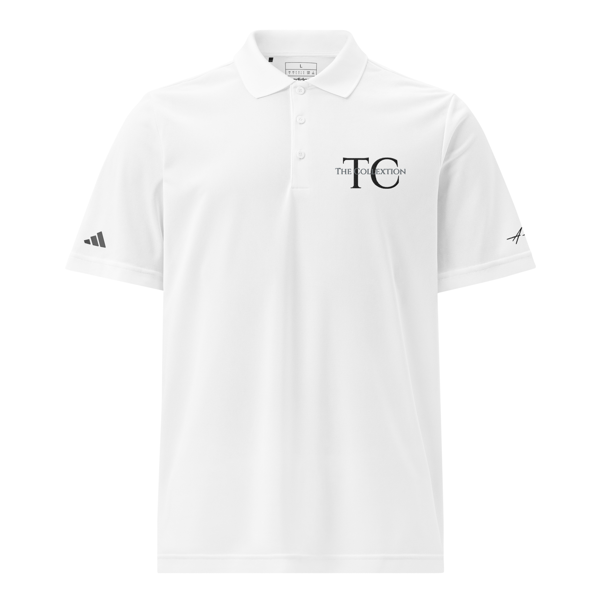 White Adidas sports polo with The Collextion branding.