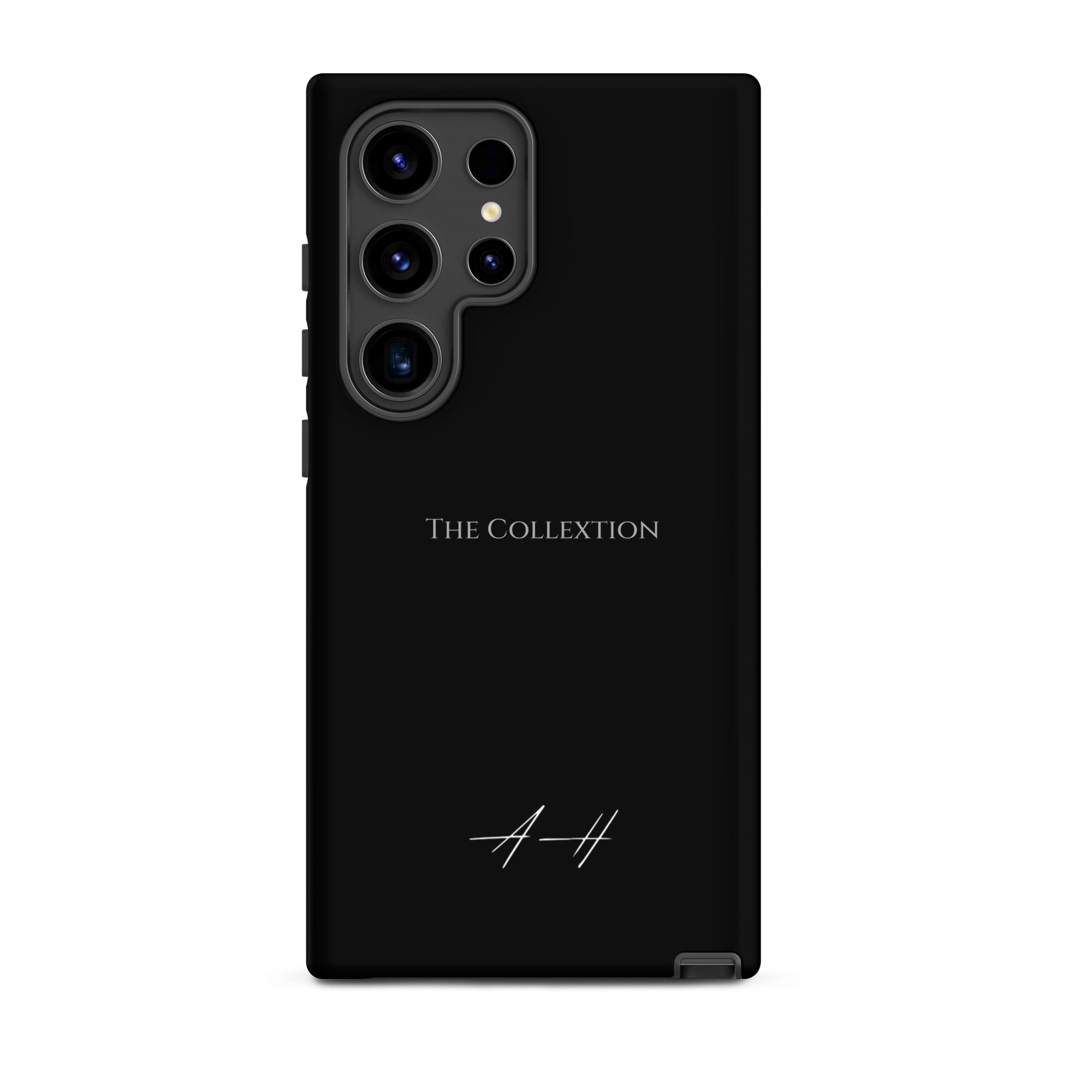 Black Samsung phone case with The Collextion wordmark and Alexander Hollingsworth signature.