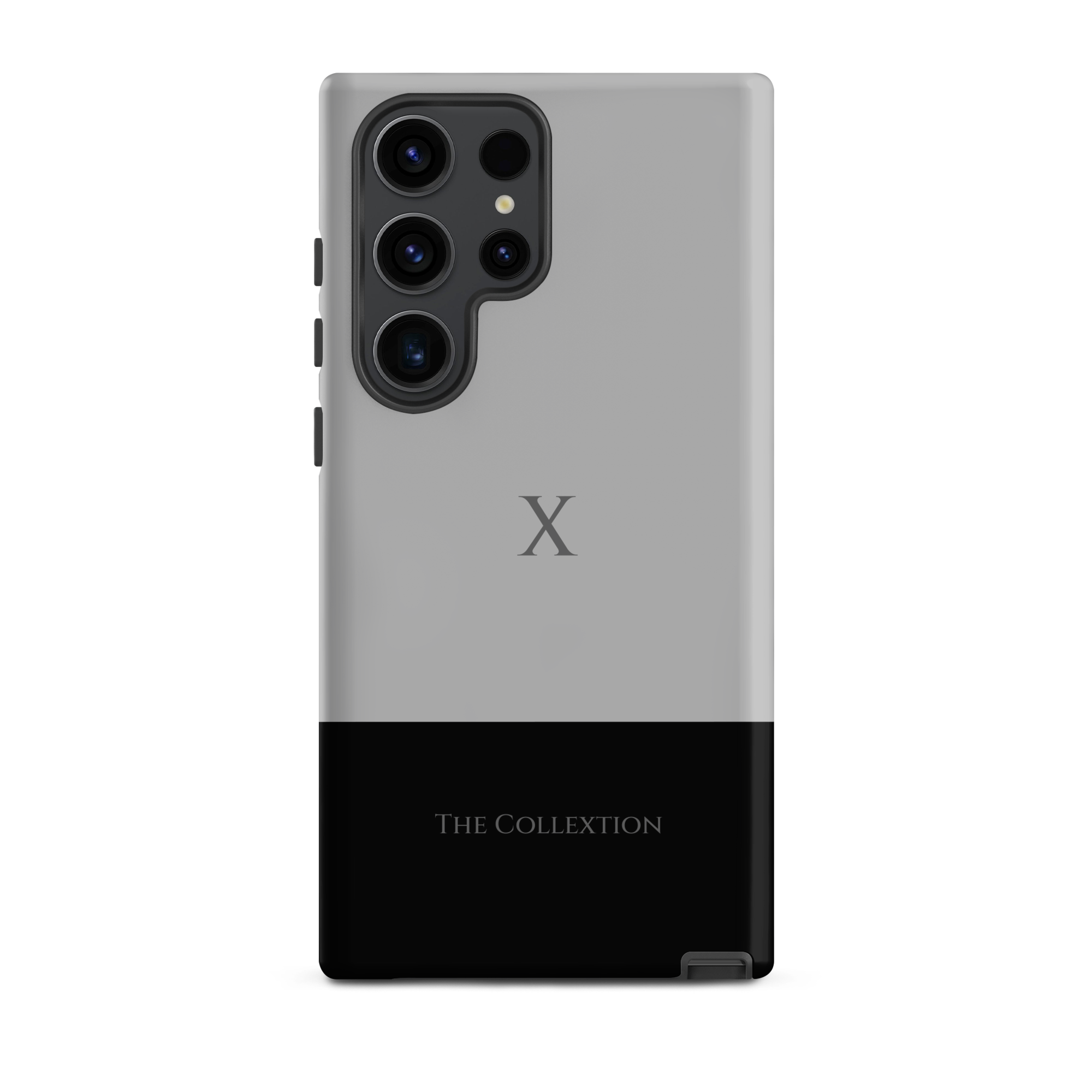 Gray and black Samsung phone case with an X emblem and The Collextion wordmark.