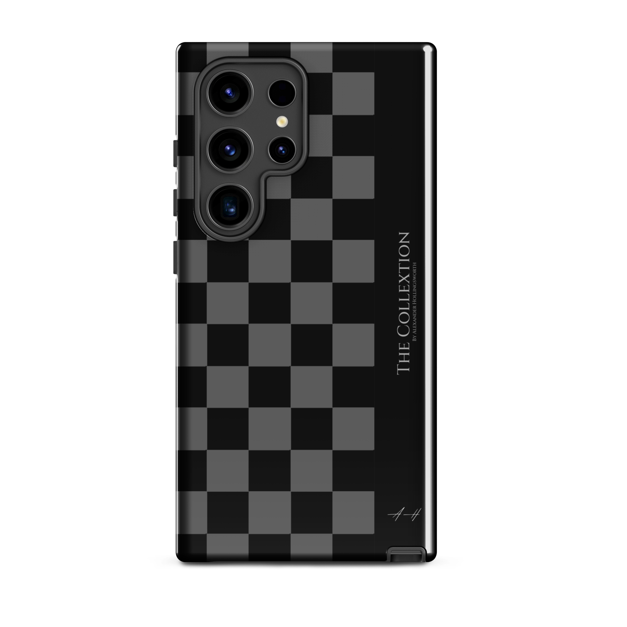 Black and gray checkerboard Samsung phone case with The Collextion wordmark and signature.