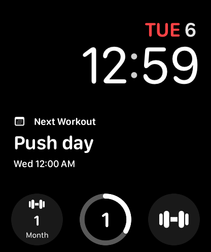 Modular watch face with Lift Log Weekly Goal, Next Workout, Monthly Workouts, and workout shortcut complications.