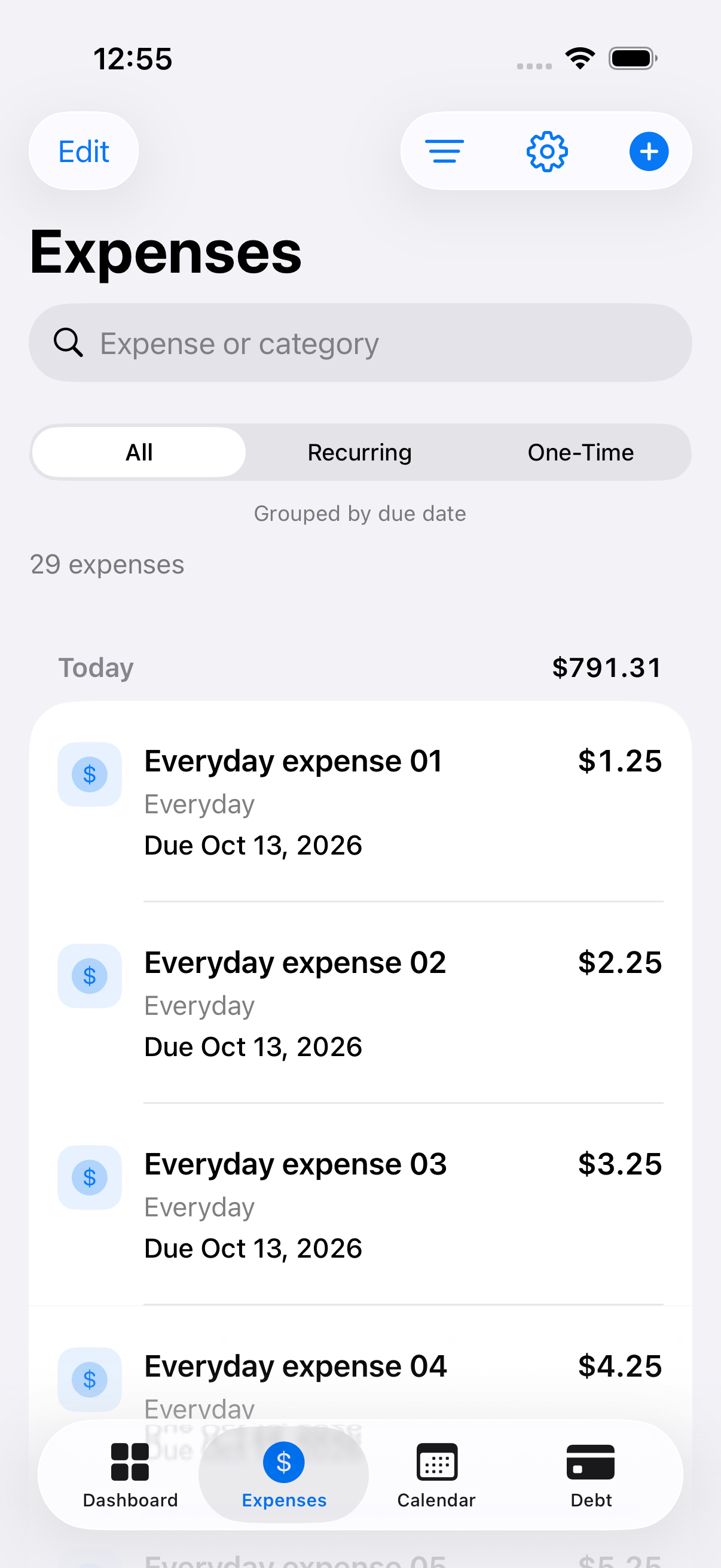 Balance Expenses screen grouping scheduled bills by due date with totals. Sample data.