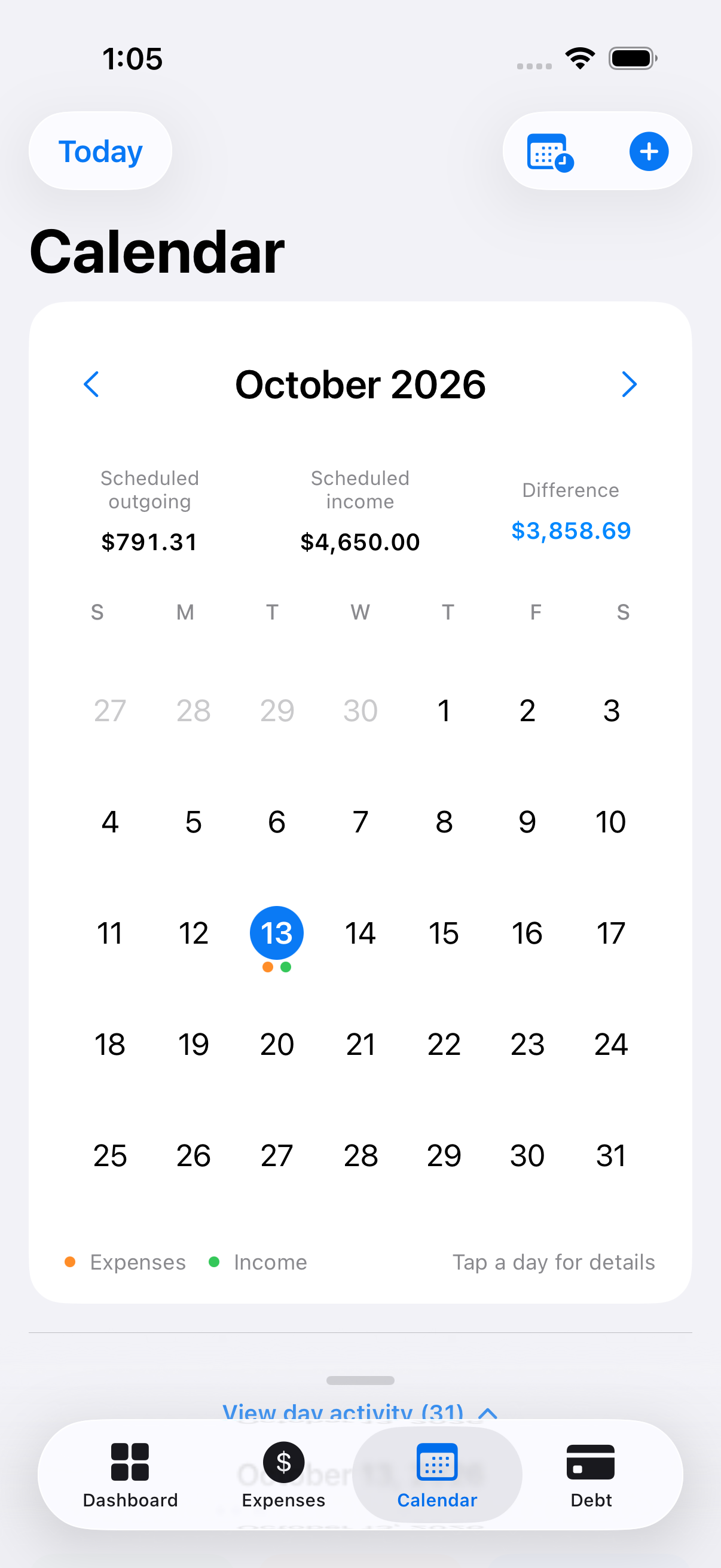 Balance Calendar showing the month grid, scheduled income, scheduled outgoing and difference. Sample data.