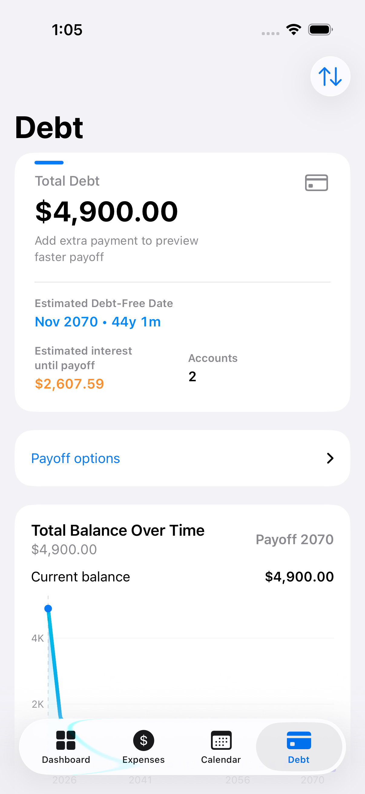 Balance Debt overview with total debt, monthly payment, payoff estimate and expandable payoff options. Sample data.