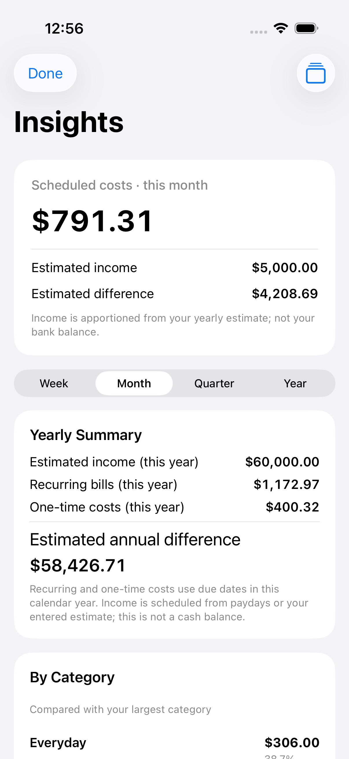 Balance Insights showing scheduled costs, income comparisons and category totals. Sample data.