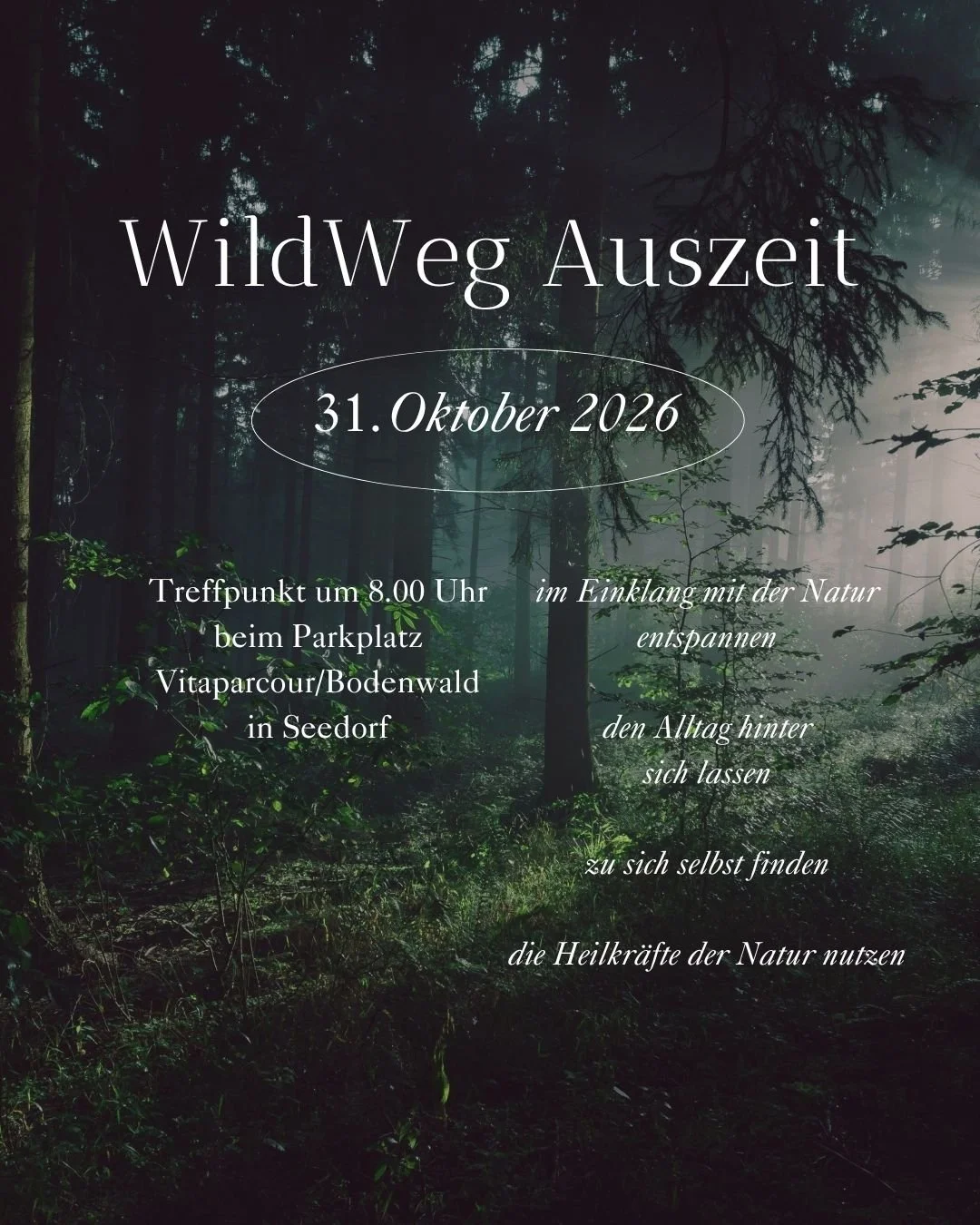Die erste WildWeg Auszeit 🎉

Am 31. Oktober um 08.00 geht es los. V&ouml;llig unverbindlich beim Parkplatz vom Vitaparcour in Seedorf. 

Mehr Infos findest du auf meine Homepage. 

Ich freue mich auf dich 🌿