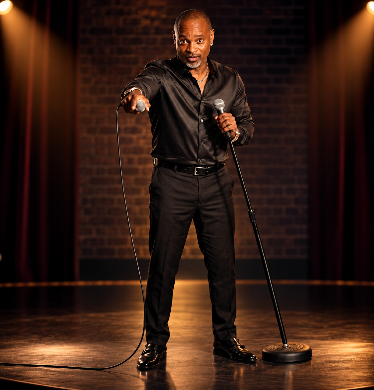 Stand-up comedian Speedy performing with a microphone on a comedy club stage.