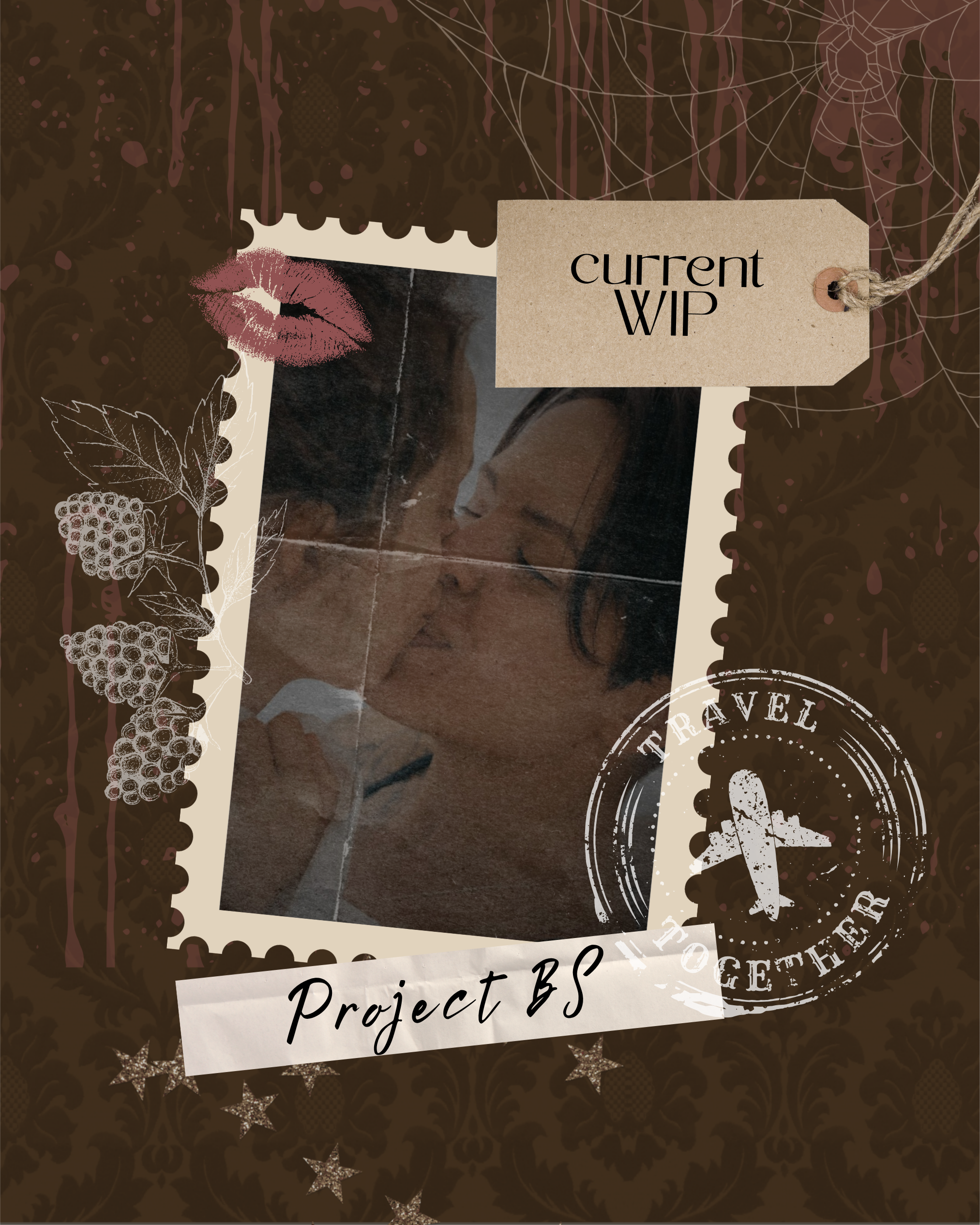 A collage of various elements with a vintage aesthetic, including a polaroid photo of two women kissing, a brown background with floral and star patterns, a roast beef stamp design, and labels with text such as 'current WIP,' 'Project BS,' and 'Travel.' Spider webs are visible in the top right corner.
