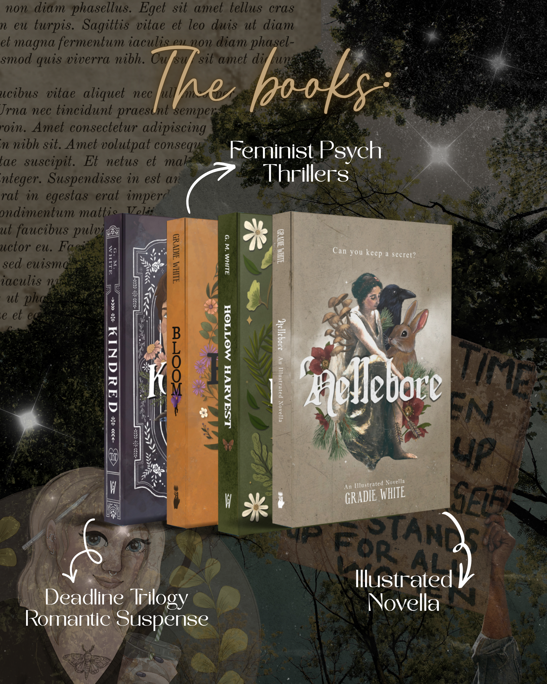 A displayed collection of books labeled as 'The books: Feminist Psych Thrillers' with the titles 'Deadline Trilogy', 'Romantic Suspense', and illustrated novels. The background features a starry night sky and tree branches, overlaid with text and artistic illustrations including a woman's face with tattoos, and a girl with a raven and rabbit on a book cover.