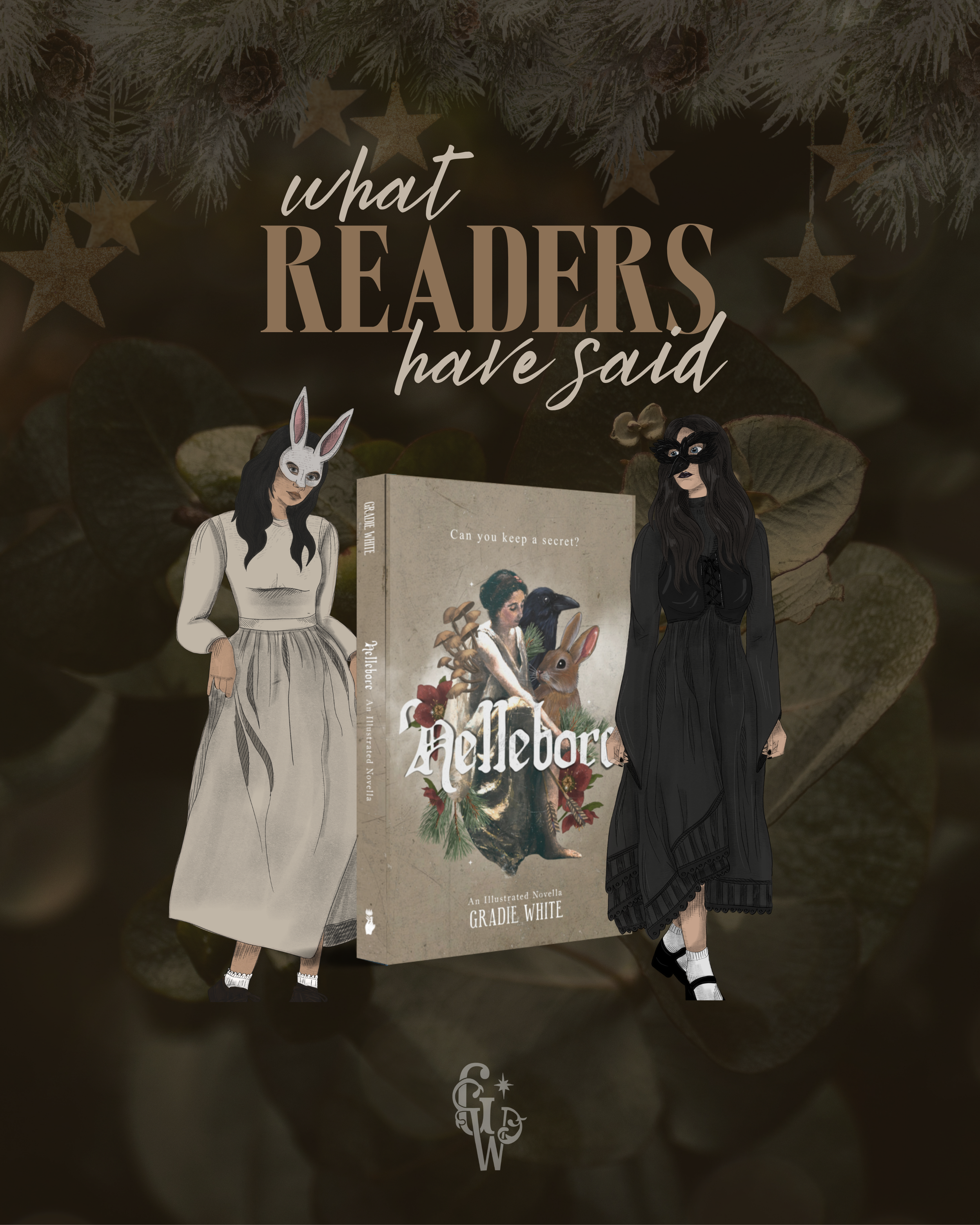 Book cover titled 'Hellbore' by Gradie White, featuring illustrated women in masks, one with bunny ears and the other with a black lace mask, against a background of dark green leaves and holiday decorations.