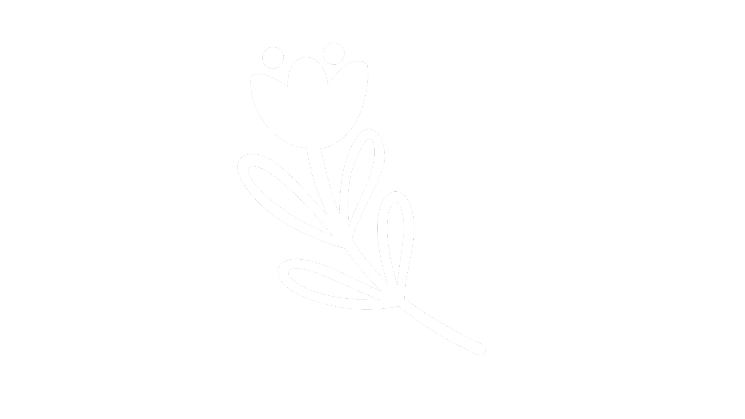 Black background with a white outline of a flower with three petals and three leaves.