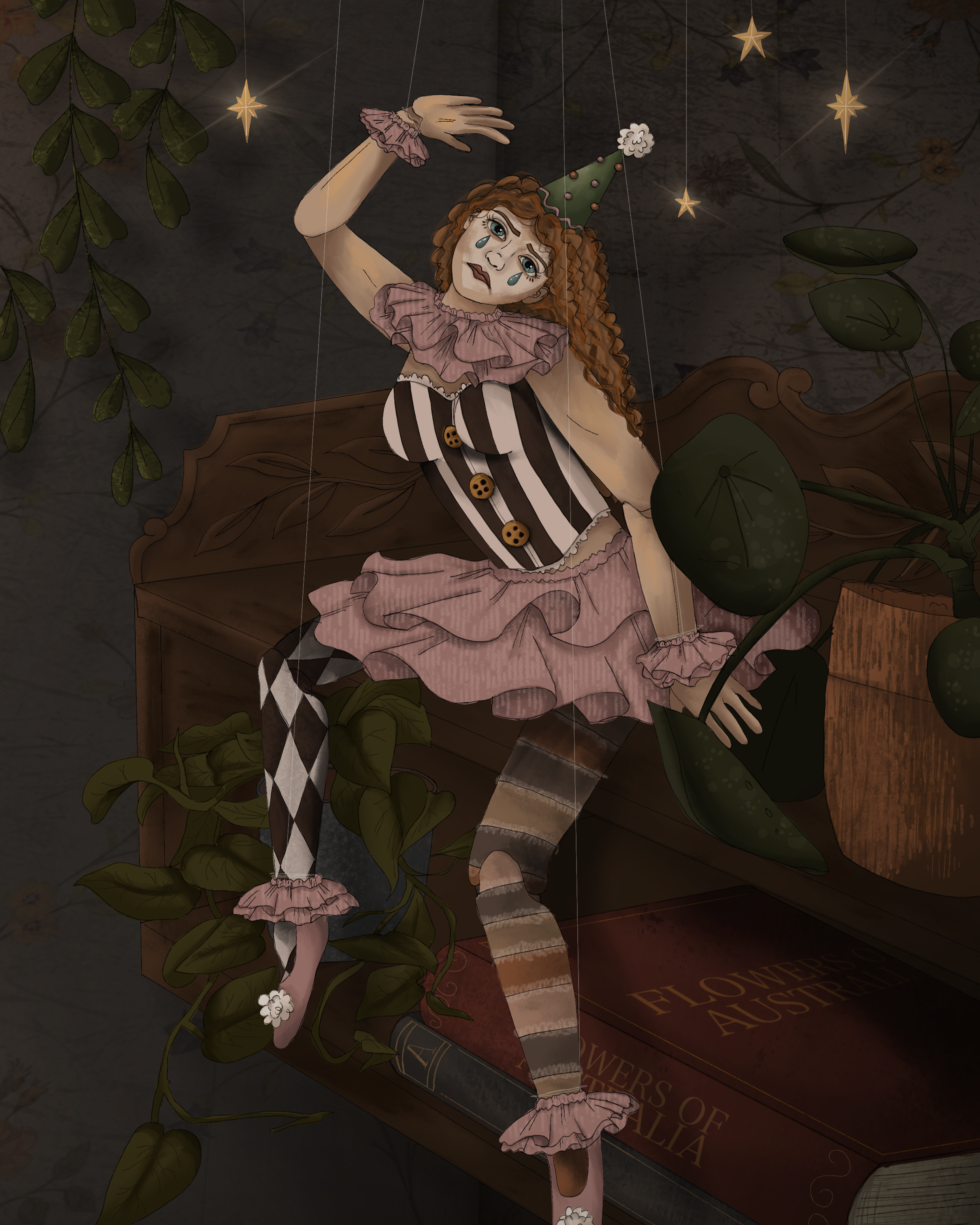 A girl dressed as a clown with a sad expression, wearing a green party hat with a pom-pom, pink ruffled collar, striped dress with large buttons, and mismatched striped stockings, sitting on a large book titled 'Flowers of Australia,' surrounded by green leaves and hanging star-shaped lights.