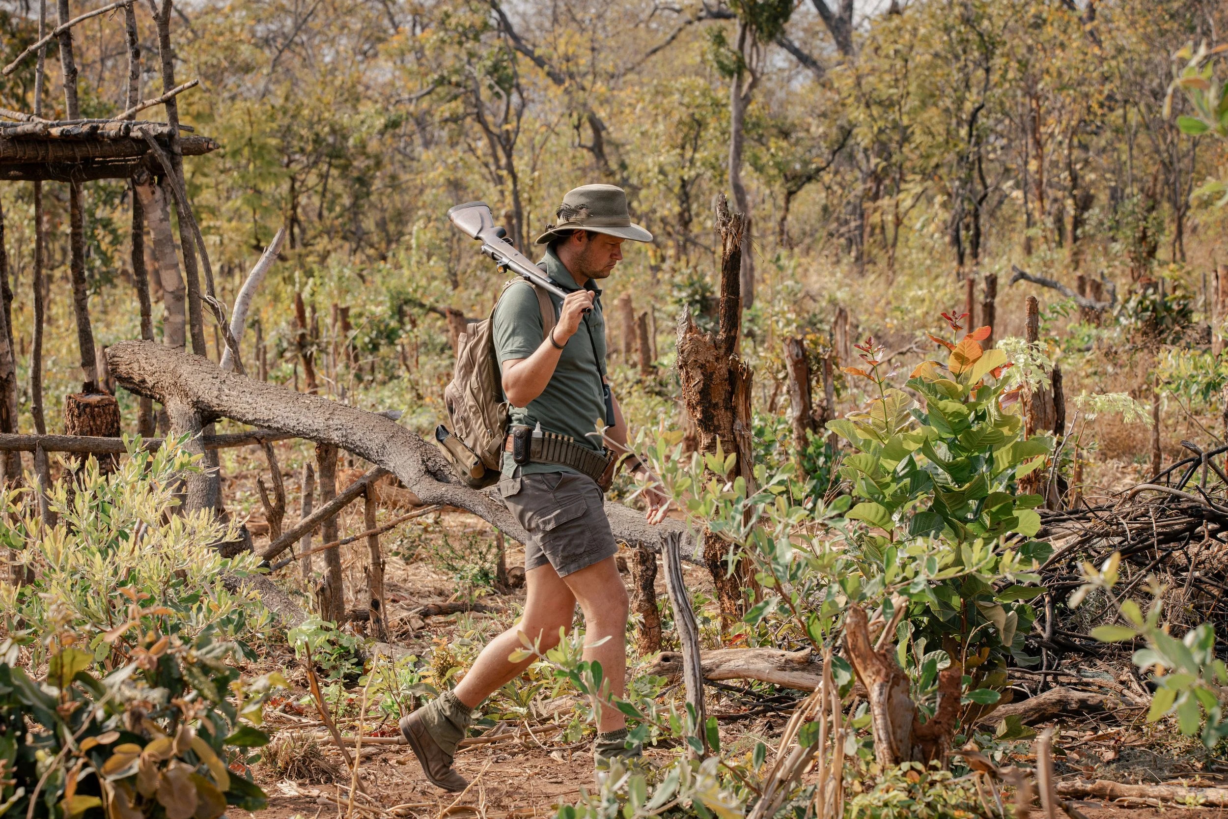 Robin Fourie on foot during a hunting safari in the Nissan Reserve of Northern Mozambique