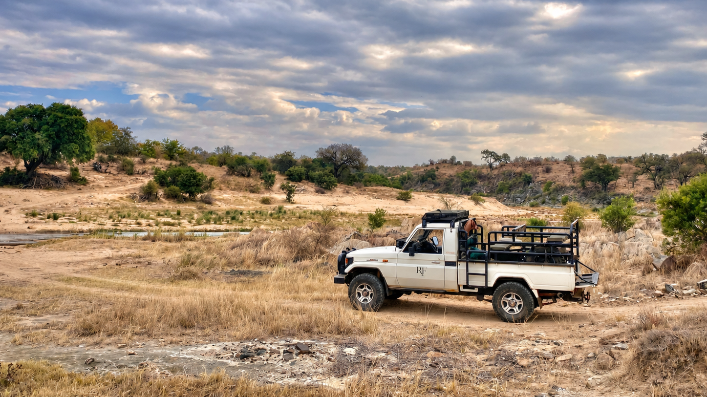 Robin Fourie Safaris vehicle in the open bushveld next to the Klaserie River , South Africa
