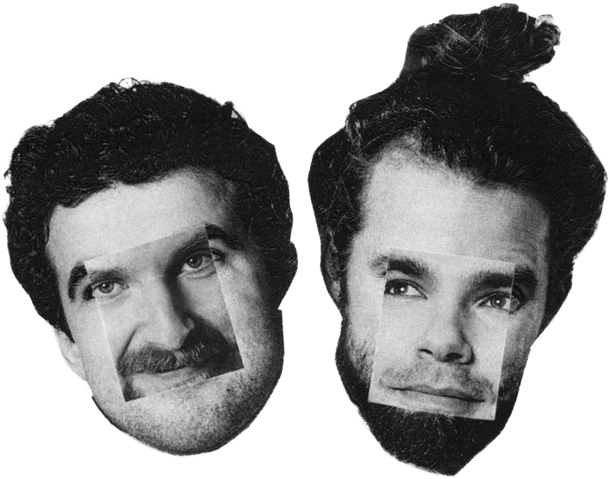 Black and white collage of two men's faces, with one wearing a face mask featuring another man's face in a vintage photograph style.