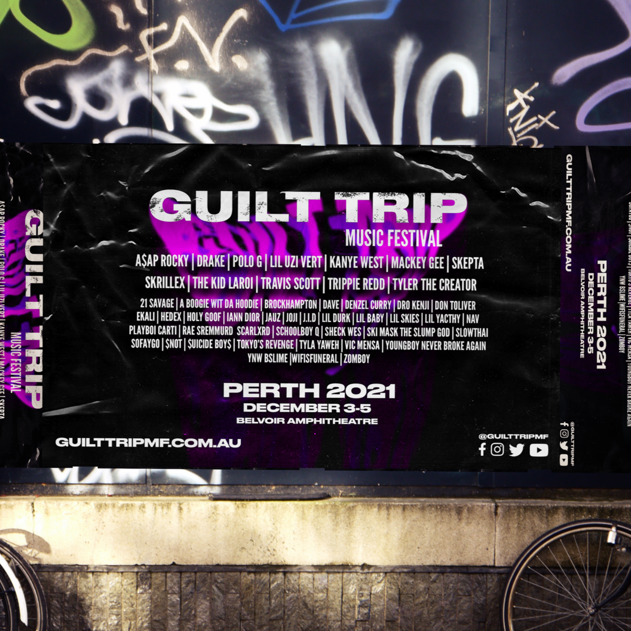 Poster for Guilt Trip music festival held in Perth, Australia, from December 3-5, 2021, at Belvoir Amphitheatre, featuring various musical artists and performers.