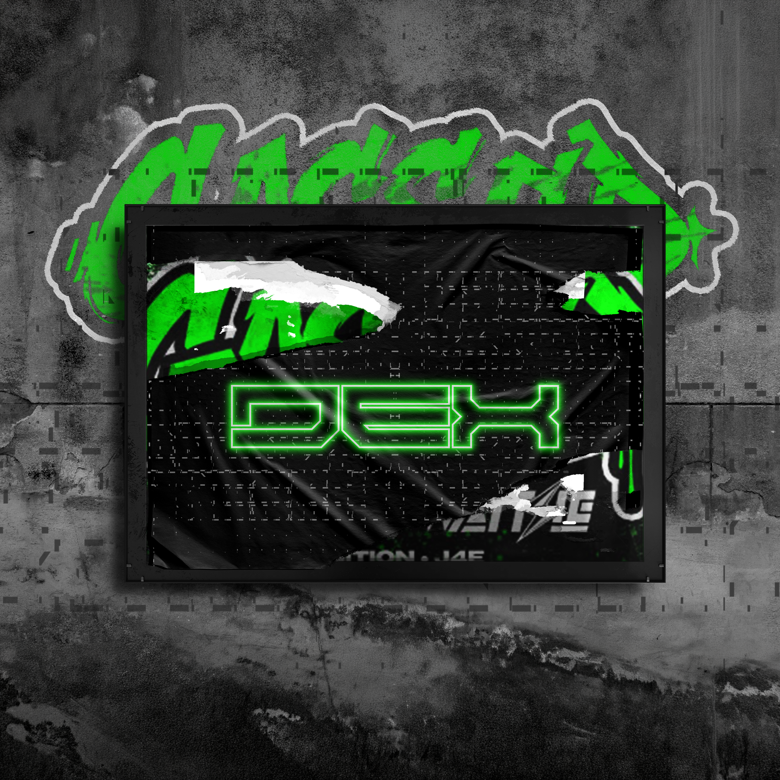 A neon sign with green and white outline graphics against a dark gray wall.
