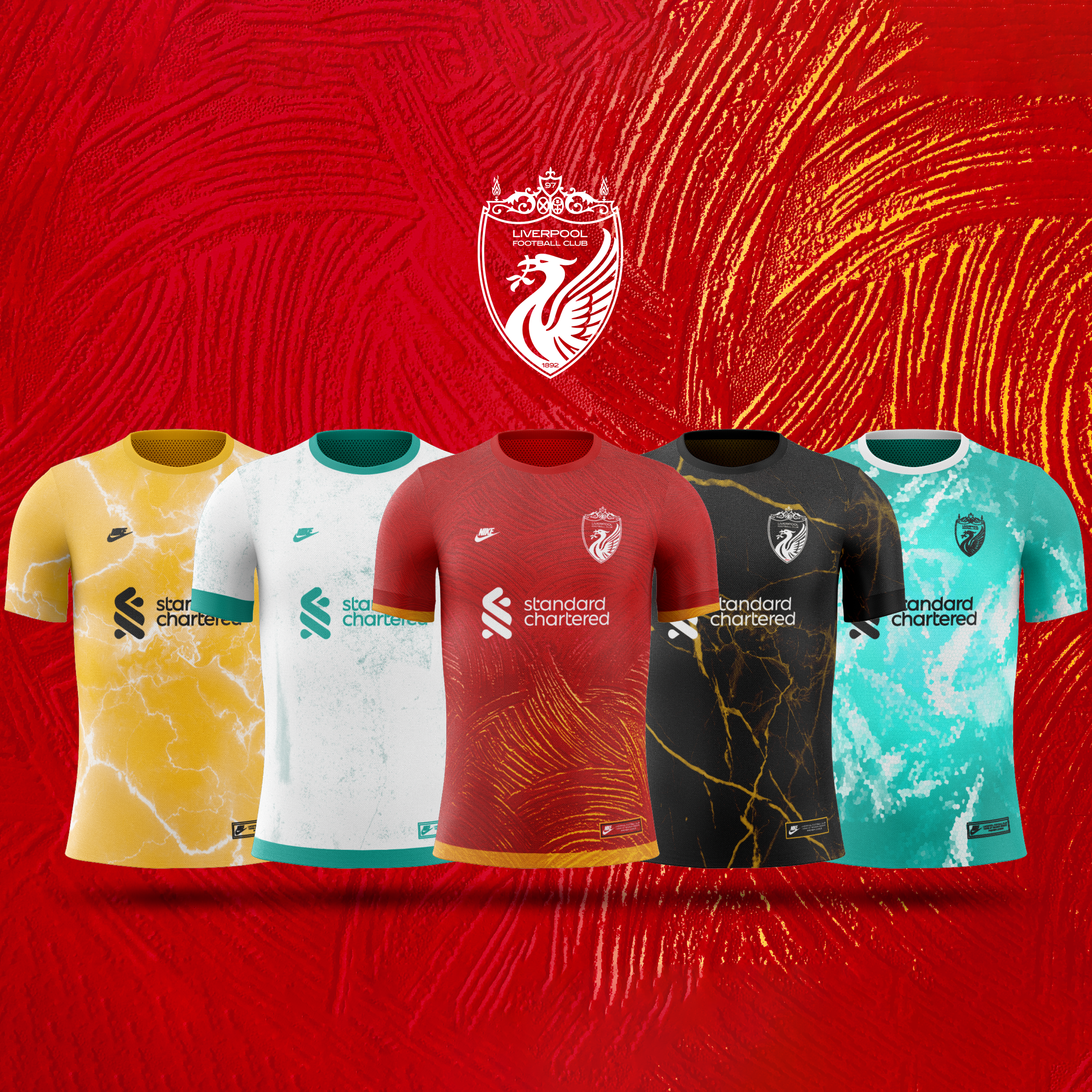 The image features the Liverpool Football Club crest centered on a red background with a textured, almost fingerprint-like pattern. Below the crest, there are multiple football jerseys with different colors and designs.