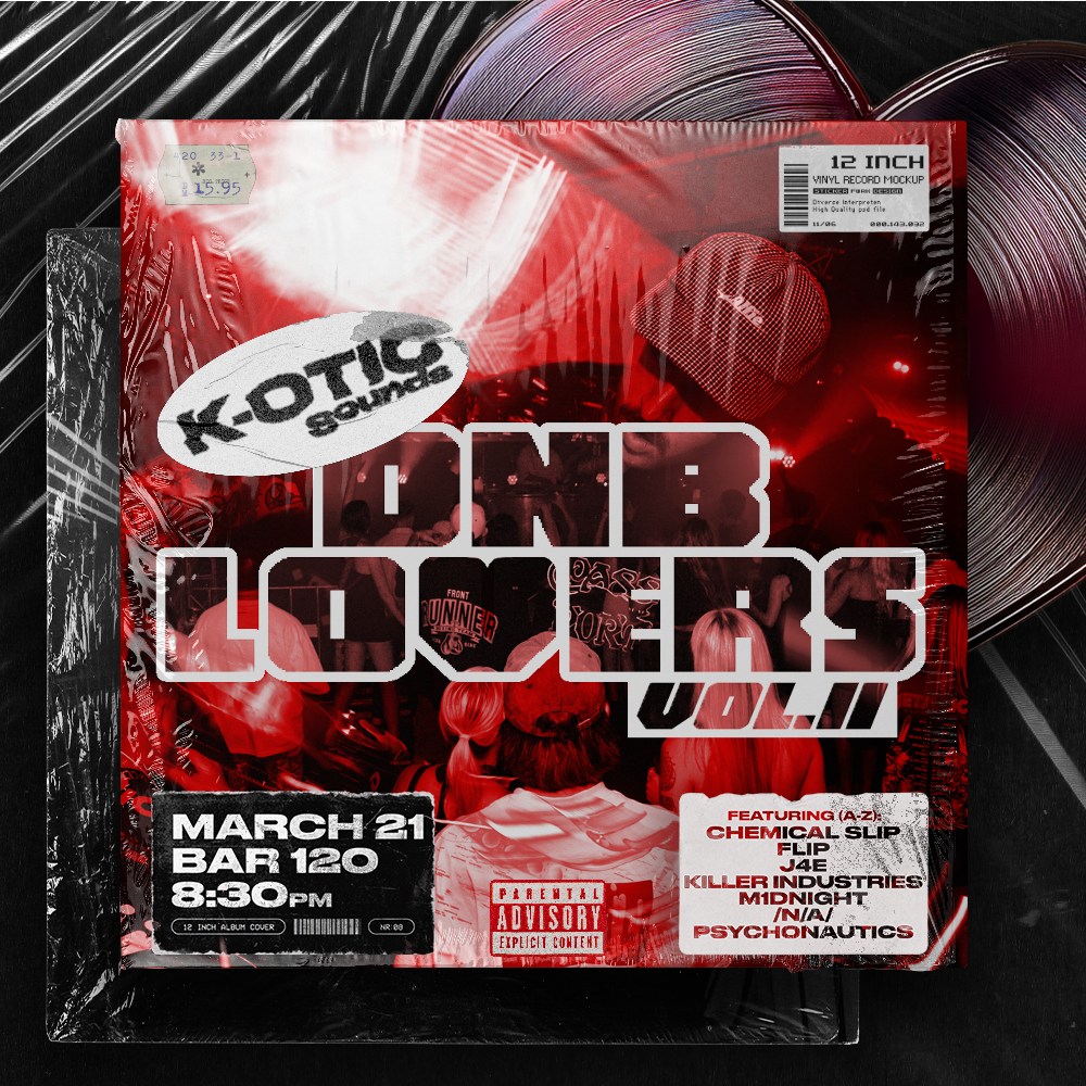 Album cover for Don B Loco Vol. 3 by K.O.T.I.C. Sounds, featuring a collage of people at a nightclub with red and black tones, with a sticker that says March 21, Bar 120, 8:30 PM and a parental advisory warning.