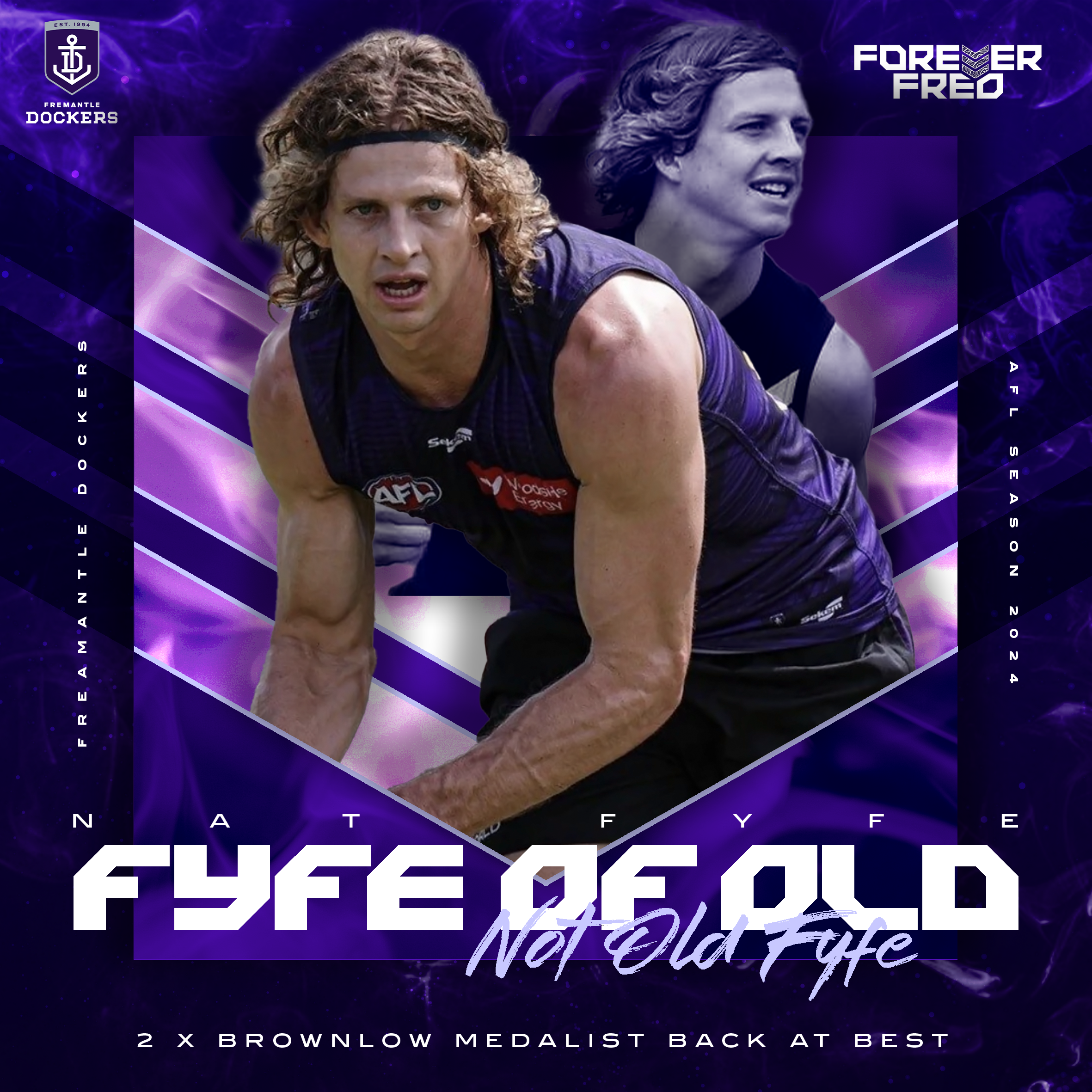 Two athletes, one with curly hair and a serious expression and the other with wavy hair and a smile, are running on a race track with purple and blue digital graphics and text promoting a sports event. The background includes logos and text mentioning Fremantle Dockers, and a reference to winning medals at the best. The image has bold and stylized text overlaying the runners.