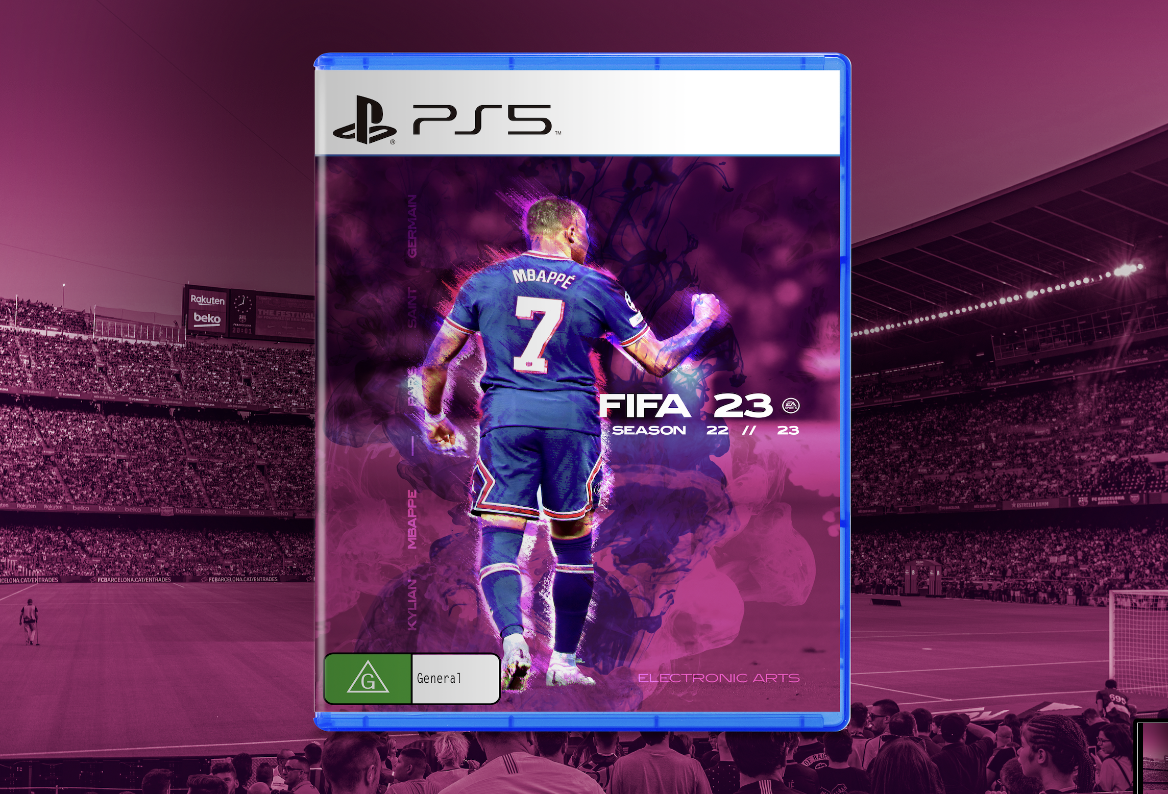 Cover art for FIFA 23 video game featuring Kylian Mbappé from behind, wearing a blue Paris Saint-Germain jersey with the number 7, set against a purple and pink background.