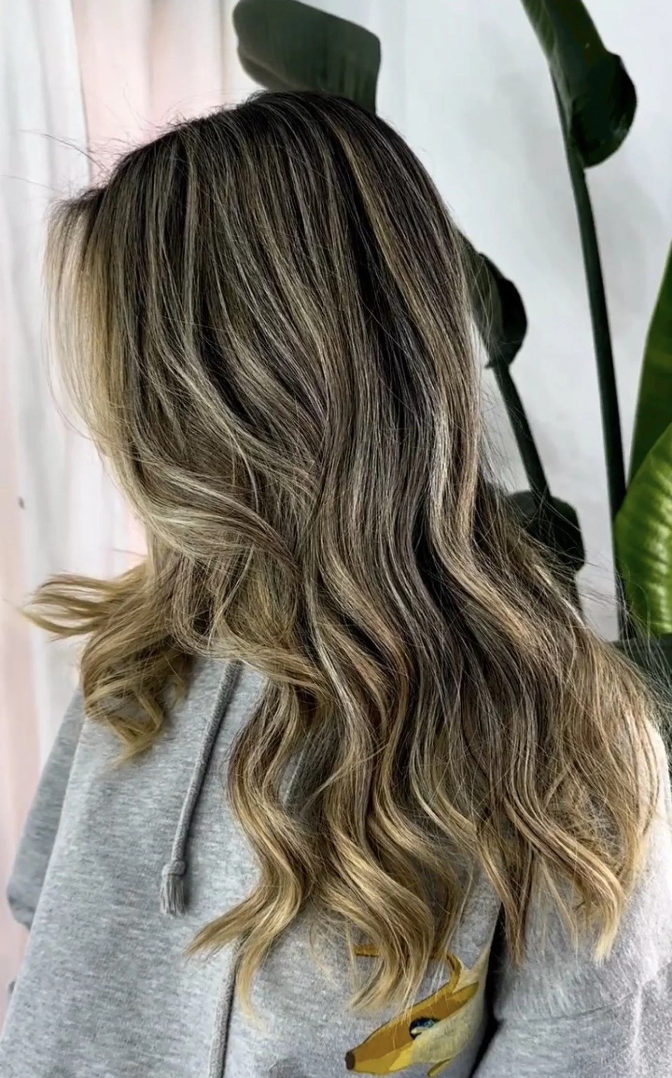 Cabello rizado en tonos rubios con tintes oscuros y claros, con una persona con sudadera gris y un fondo con plantas verdes.
