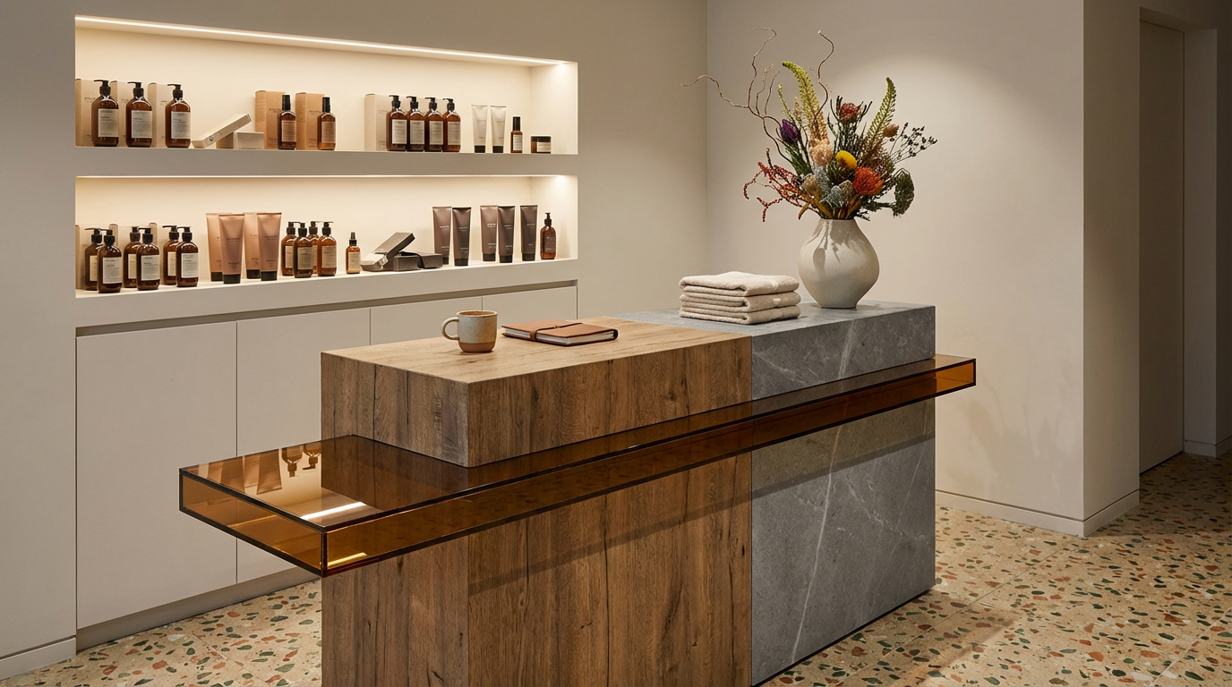 A retail display with shelves of skincare products, a bouquet of flowers in a white vase, folded towels, a cup, and a pink notebook on a mixed wood and stone counter.