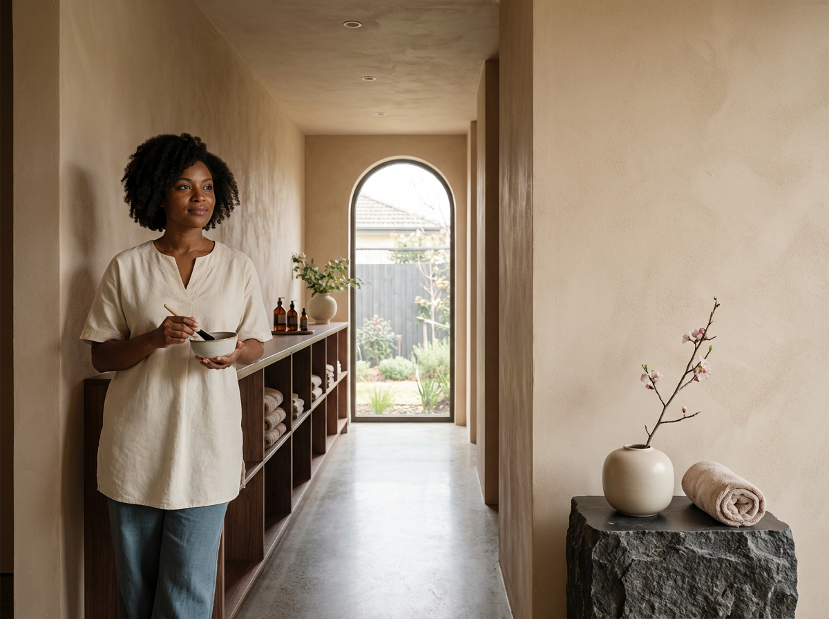 A woman standing in a hallway, holding a bowl and a spoon, with a serene expression. The hallway has a beige wall on the left, a wooden shelf with towels and small bottles, and a large window at the end showing a garden. To the right, a stone pedestal with a white vase containing pink flowers and a rolled towel.