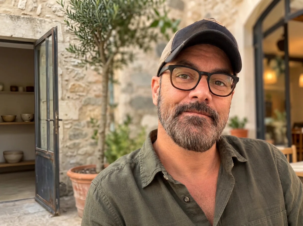 A male massage therapist with dark hair, glasses, and a beard, wearing a baseball cap and a button-up shirt, is sitting outdoors near a stone building and potted plants.