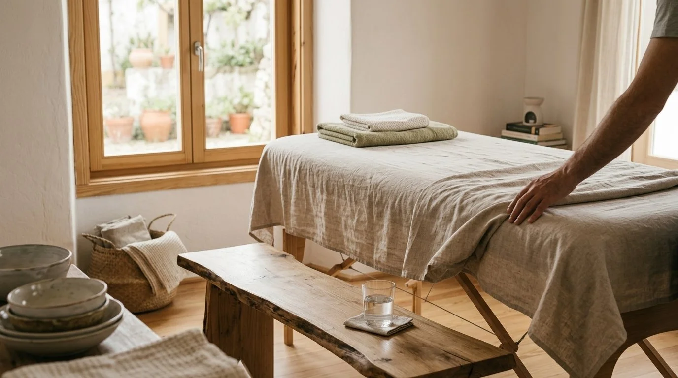 Massage table in a cozy, sunlit room in Tomar, Portugal, with folded towels on top, a glass of water and a cloth on a rustic wooden stool, facing a window with potted plants outside.