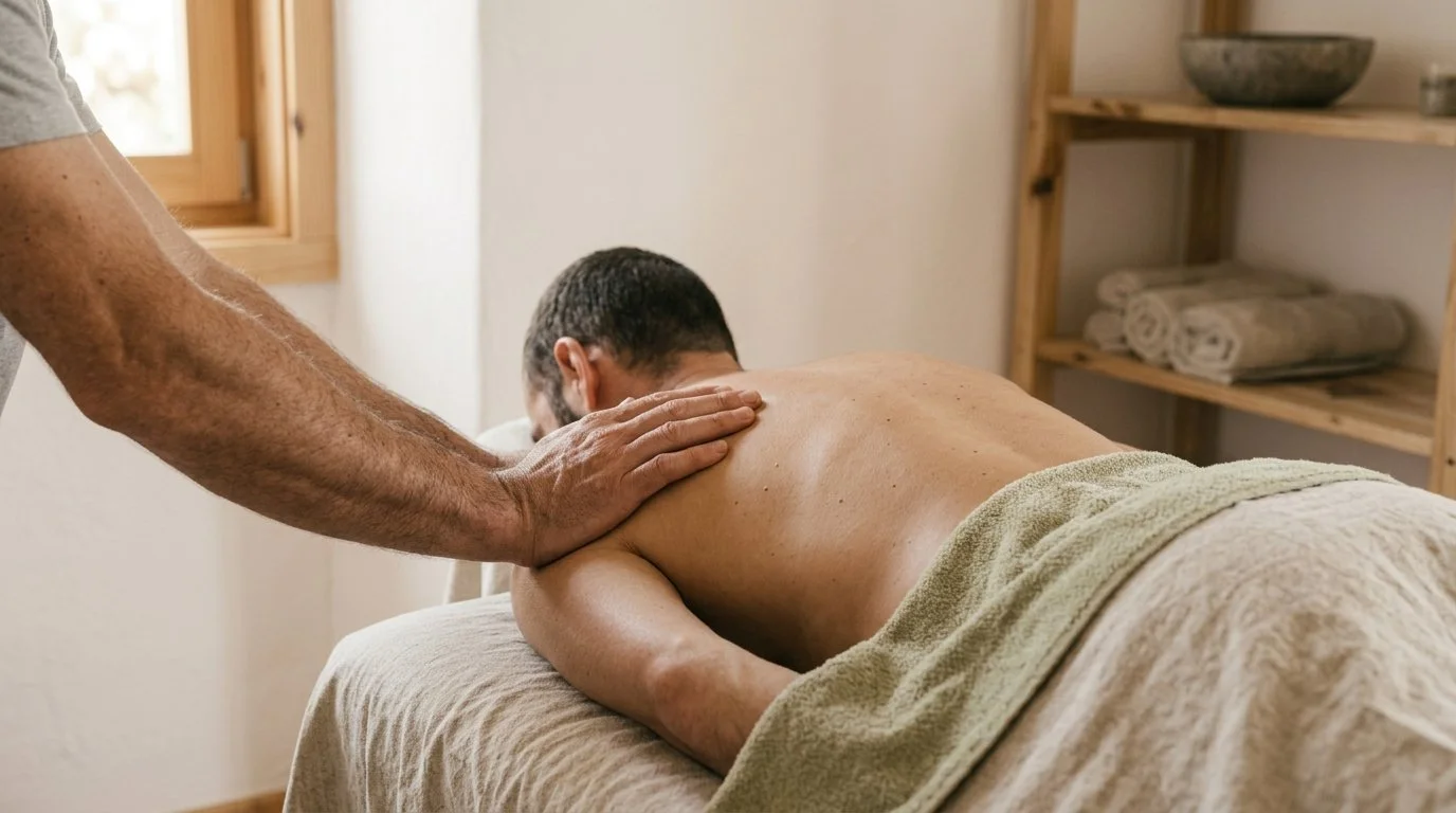 Person receiving a back massage from a massage therapist in a wellness room.