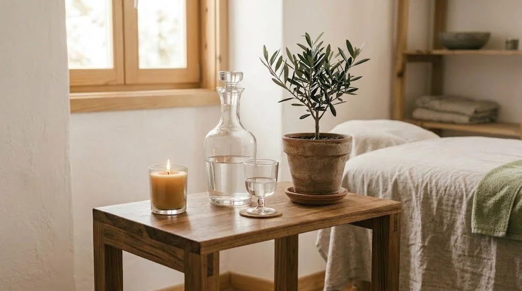 A wooden bedside table with a potted plant, a candle, and glass decanter with a glass of water, near a bed with a green towel, in a cozy bedroom with a window.