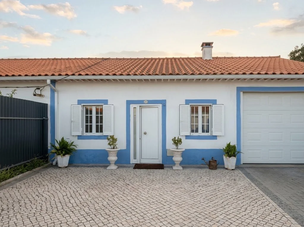 A white Portuguese house with blue trim, two white shuttered windows, a white front door, and a garage with a white door. Potted plants are on either side of the door, and a cobblestone driveway is in front.