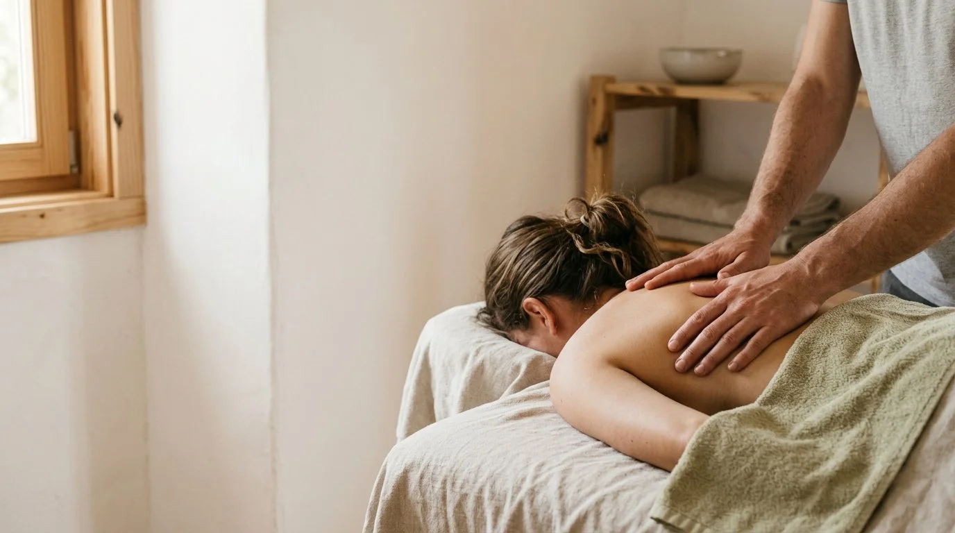 Person receiving a massage on their back in a cozy, well-lit massage room in Tomar, Portugal.