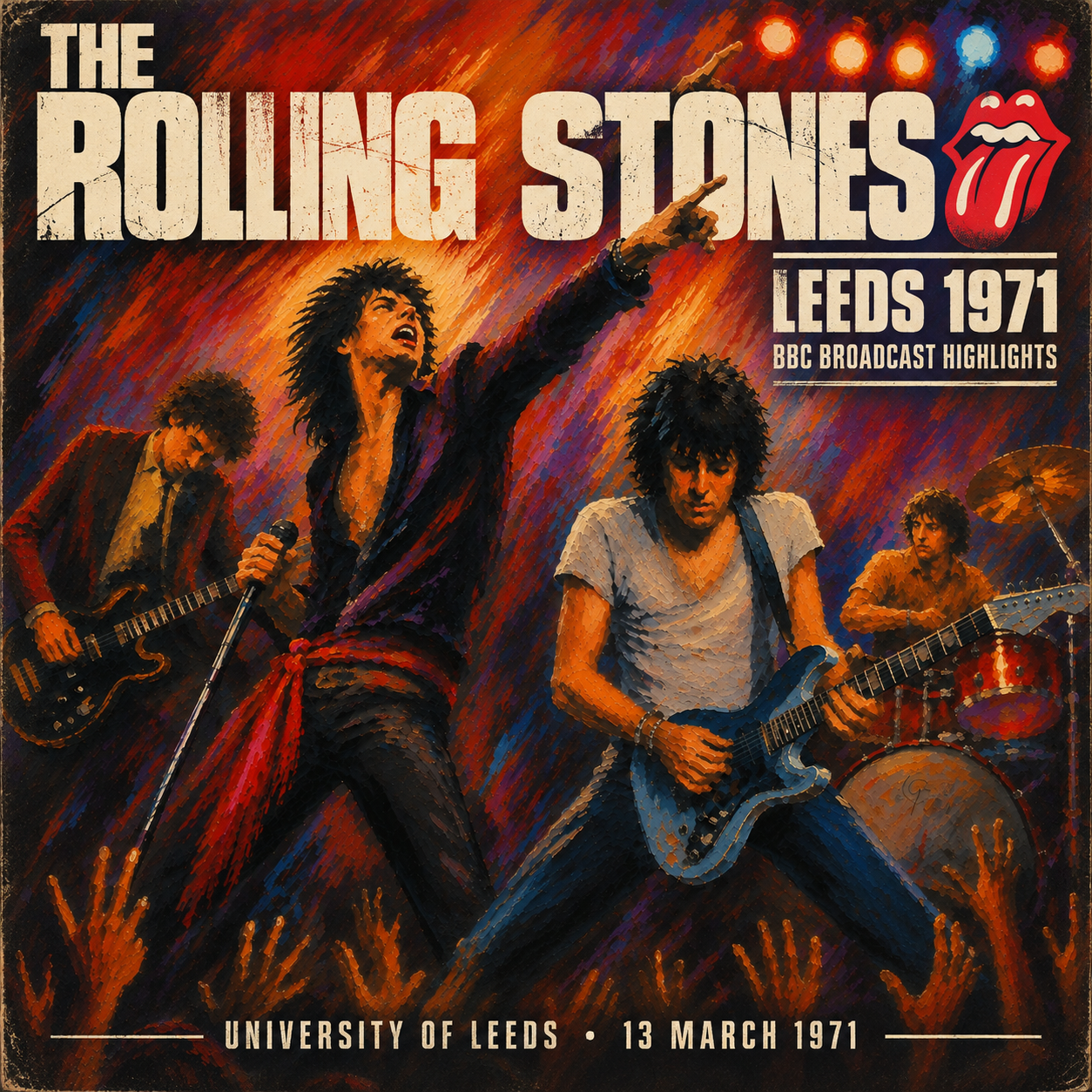 Illustration of The Rolling Stones performing live on stage, with colorful background and energetic poses, promoting their 1971 concert in Leeds at the University of Leeds.