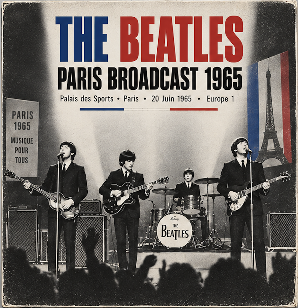 Black and white photo of The Beatles performing on stage at the Paris Broadcast 1965, with a crowd in the foreground.