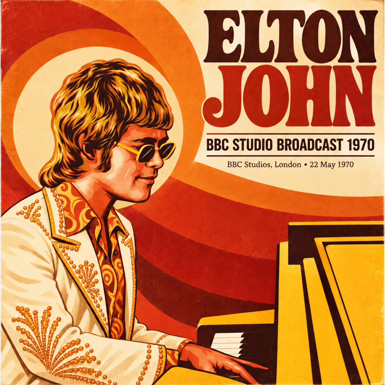 Illustration of Elton John playing the piano at a BBC Studio broadcast in 1970, with bold typography displaying his name and event details.