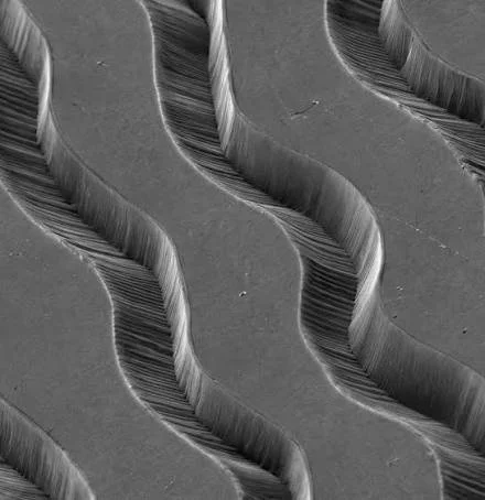 Close-up of intricately carved wavy metallic objects with layered edges.