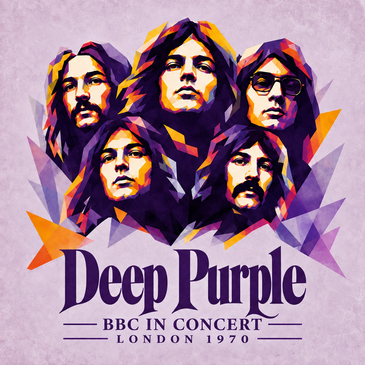 Illustration of five band members with long hair and beards, with the text "Deep Purple BBC in Concert London 1970."