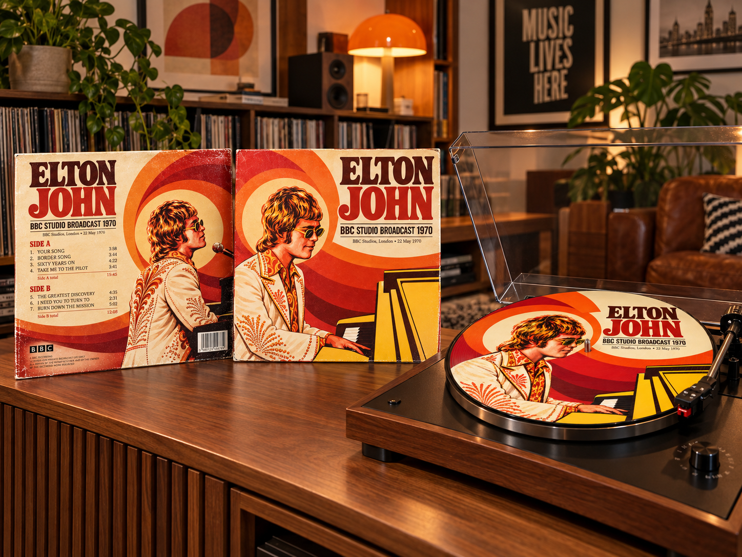 A turntable playing a vinyl record of Elton John at a desk with two vinyl record covers of Elton John BBC Studio Broadcast 1970 displayed behind it, in a cozy living room with plants, framed pictures, and a bookshelf.